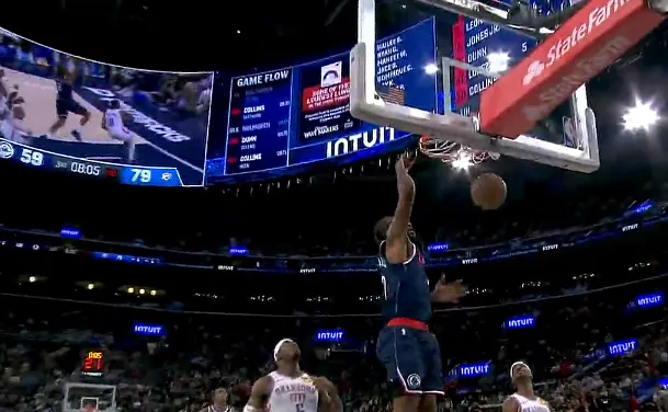 bob半岛体育官方入口-伦纳德抢断反击单臂滑翔劈扣拿19分，快船追至落后雷霆20分